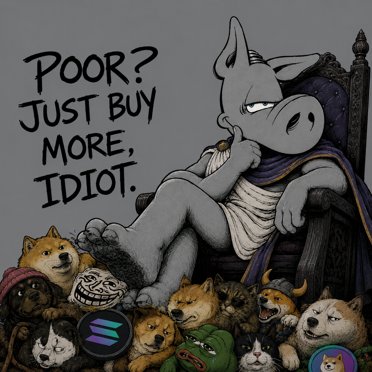 Cerebus on throne — Poor? Just buy more, idiot.